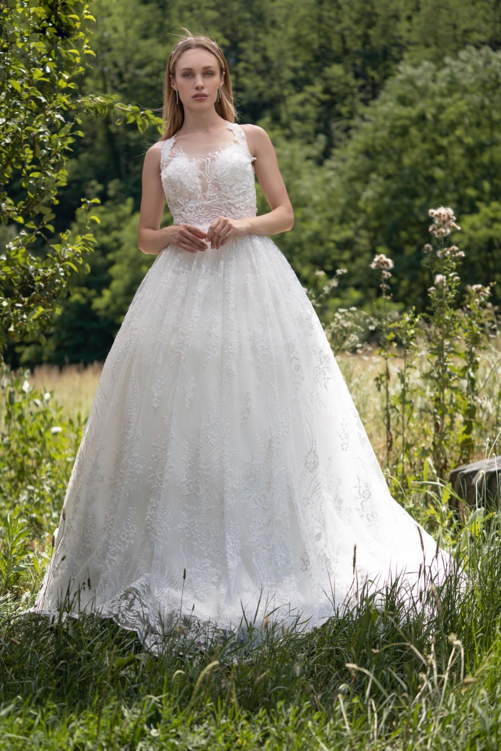 Vestito da bambina in pizzo ricamato con fiori senza maniche, con